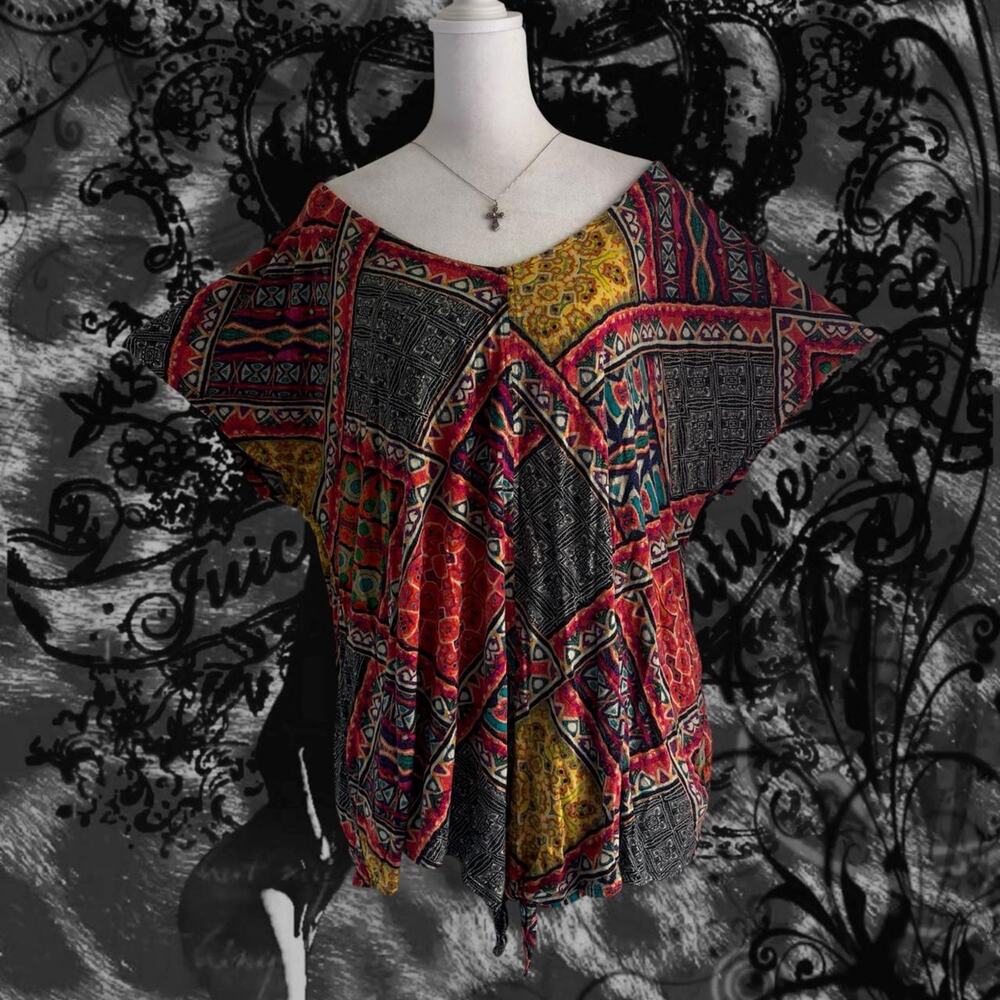 intricate geometric mosaic multicolor patchwork print red tone boho dolman top